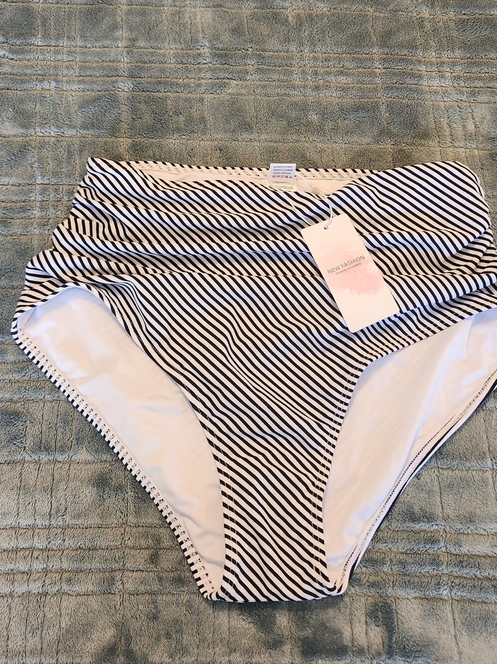 Women's High-Waist Flattering Retro Striped Bikini Bottoms Black White Ruched, M